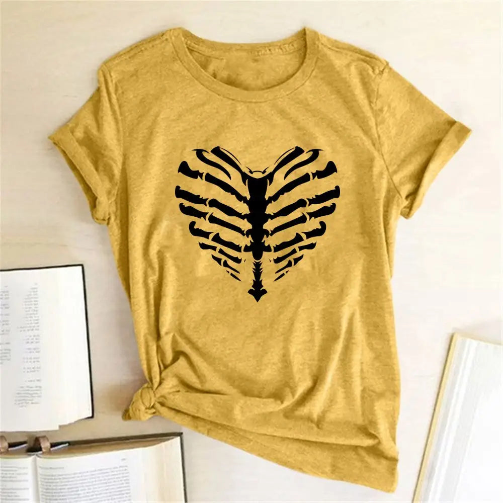 Skeleton Heart Printed T-shirt - Yellow / S - T-shirts