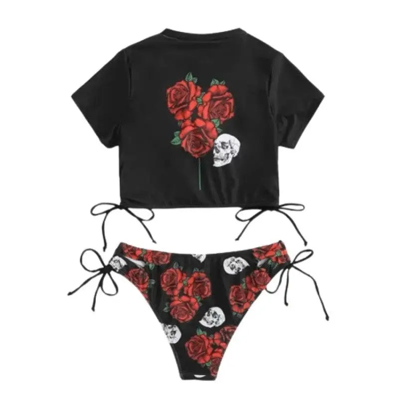 Skull and Rose Goth Style Two-Piece High Waist Swimsuit