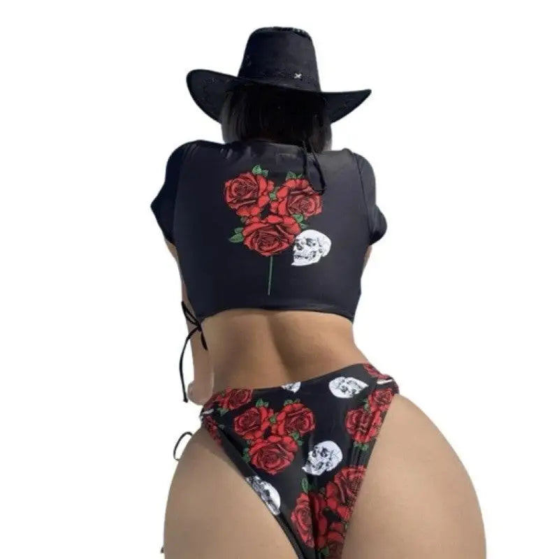 Skull and Rose Goth Style Two-Piece High Waist Swimsuit