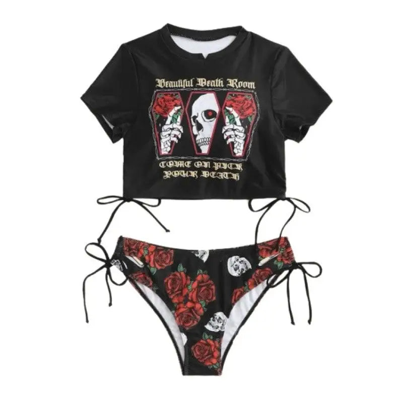 Skull and Rose Goth Style Two-Piece High Waist Swimsuit