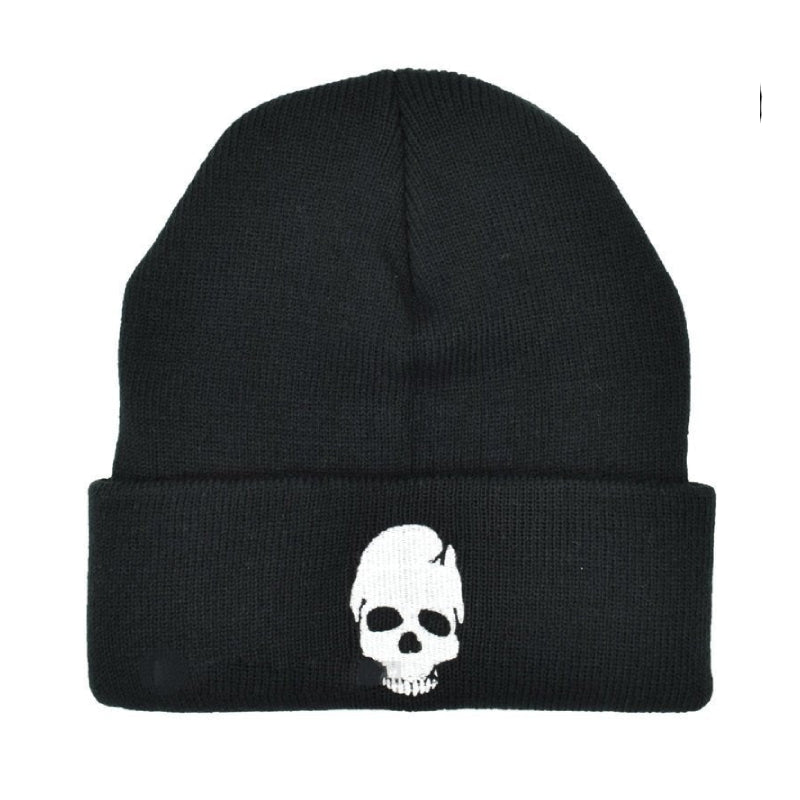 Skull Embroidered Knitted Beanie - White Logo / One Size
