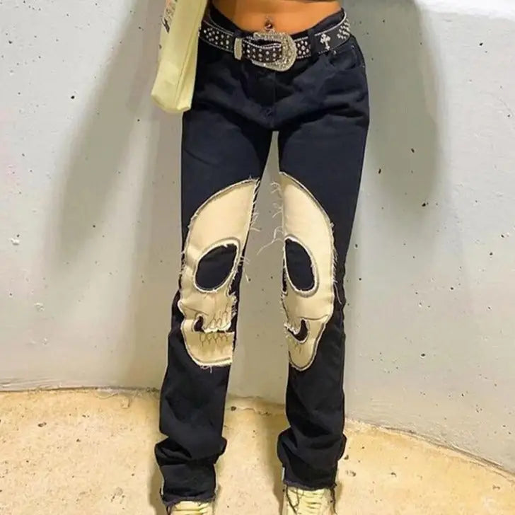 Skull High Waist Denim Trousers Pants