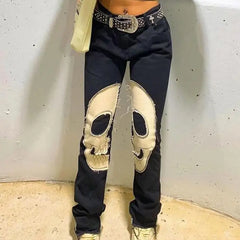 Skull High Waist Denim Trousers Pants