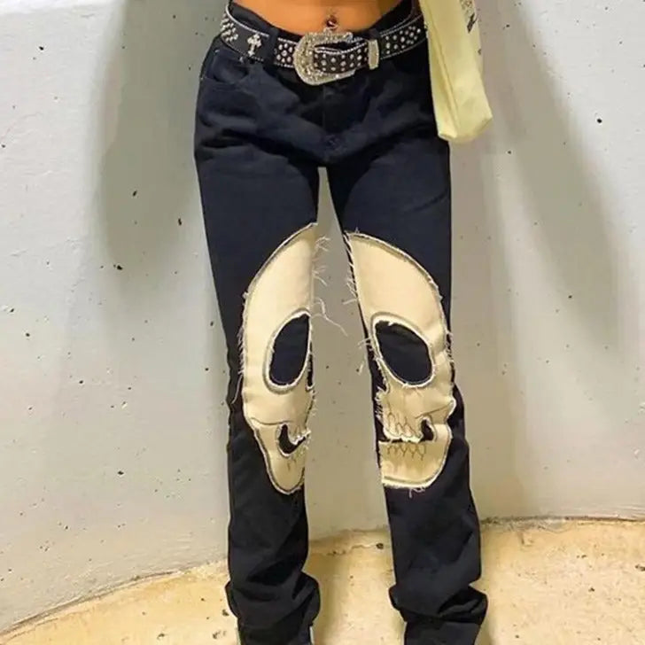 Skull High Waist Denim Trousers Pants