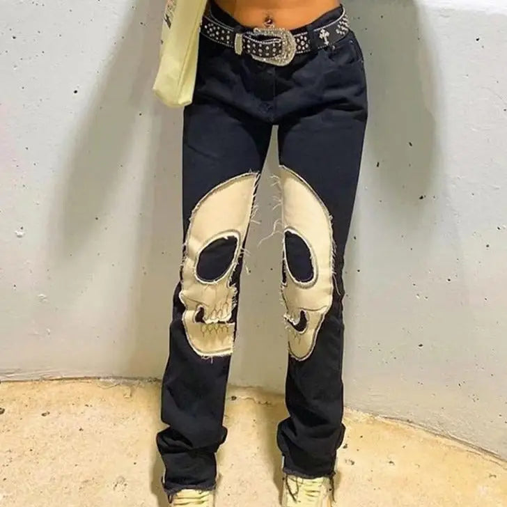 Skull High Waist Denim Trousers Pants