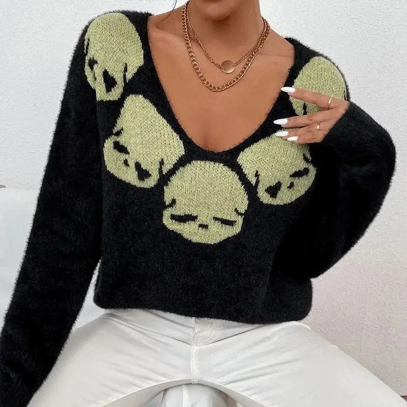Skull Long Sleeve V-Neck Knitted Sweater