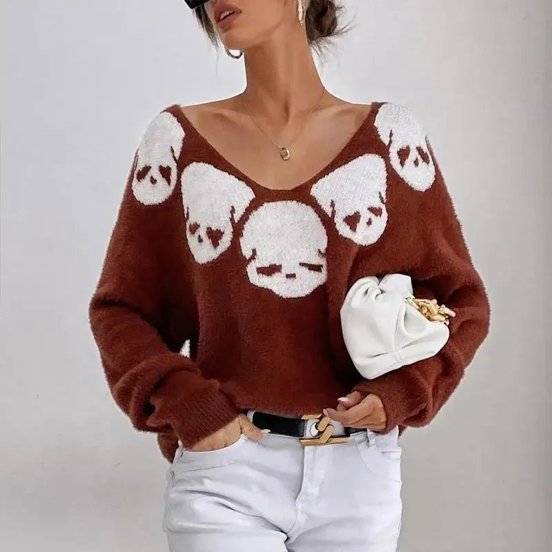 Skull Long Sleeve V-Neck Knitted Sweater