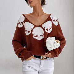 Skull Long Sleeve V-Neck Knitted Sweater