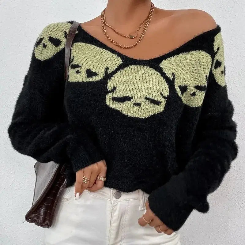 Skull Long Sleeve V-Neck Knitted Sweater
