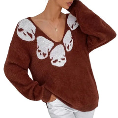 Skull Long Sleeve V-Neck Knitted Sweater - Dark Brown / M