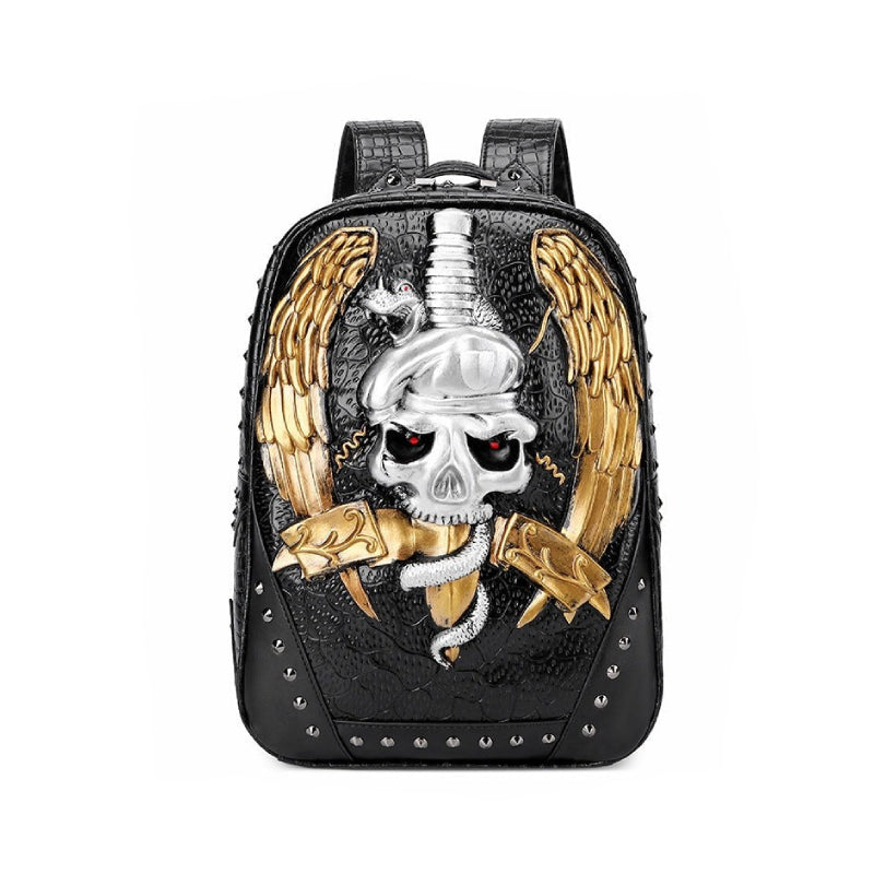 Skull Snake and Wings 3D PU Leather Backpack - Silver / One