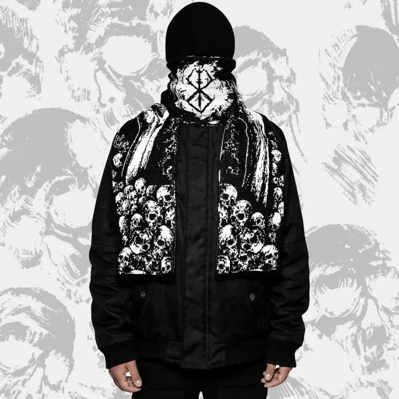 Skull Striped Knitted Scarf with Creative Pattern Black