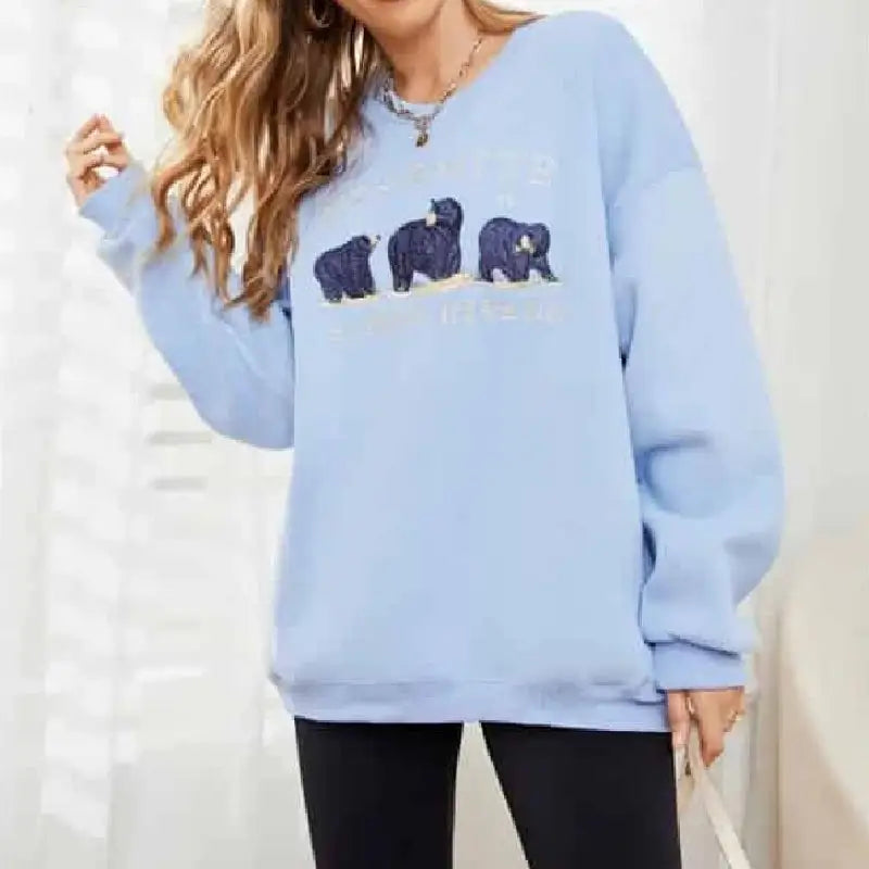 Sky Blue Cute Bear Long Sleeve Sweatshirt - One Size