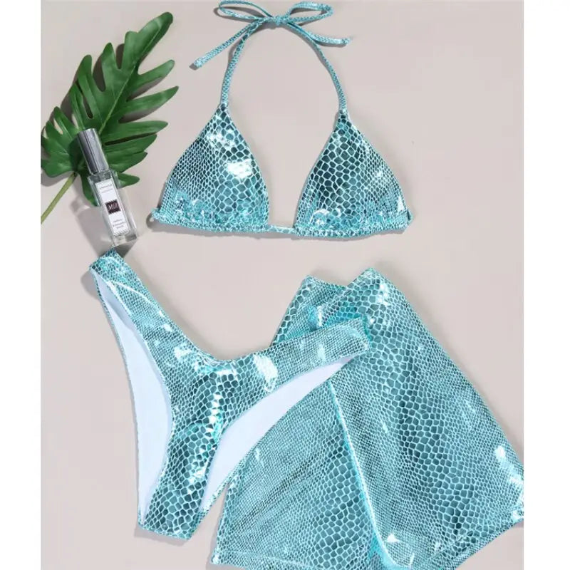 Sky Blue Hollow Two-Piece Skirtini Swimsuit