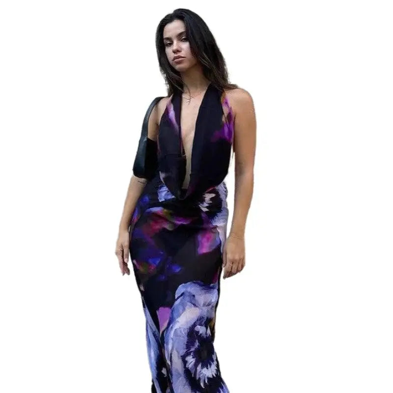 Sleeveless Plunge Long Backless Dress - Purple / S