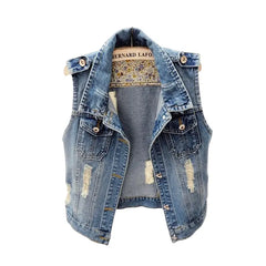 Sleeveless Slim Hole Jeans Vest - Blue / S - Denim