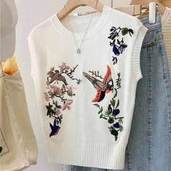 Slim Fit Bird Embroidery Sleeveless Vest