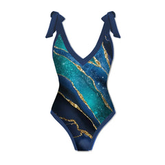 Slim Fit Lace Up Retro Print One Piece Swimsuit Swimsuit-V