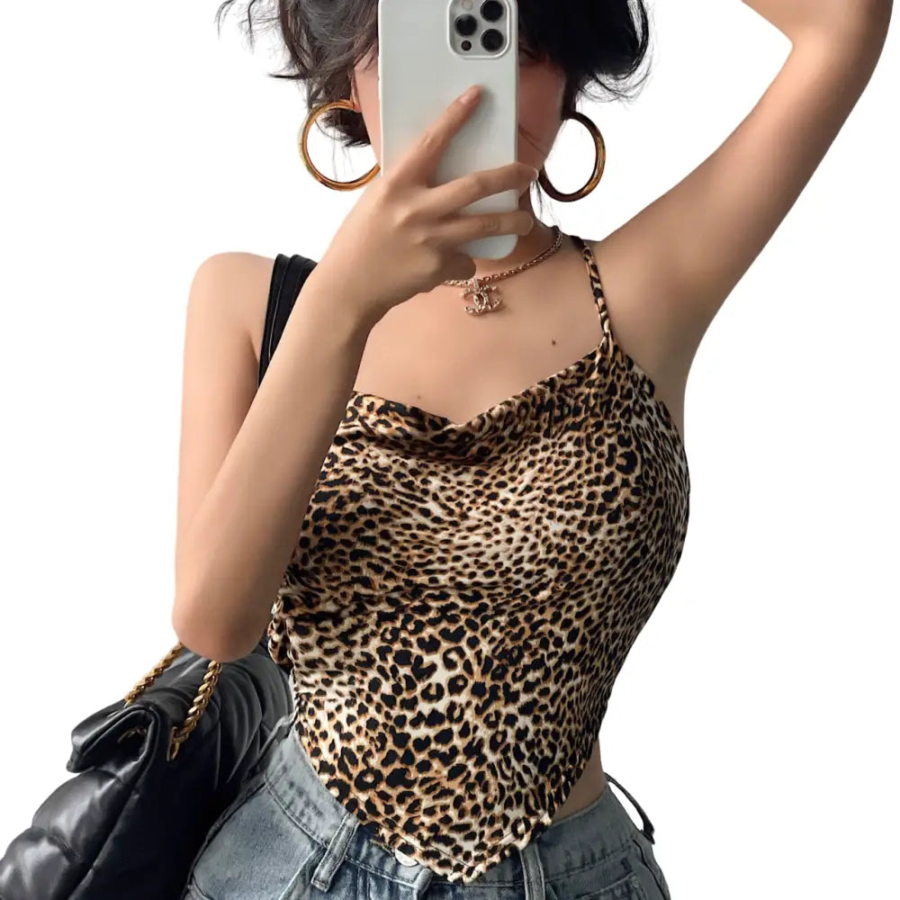 Slim-Fitting Suspenders Top - Leopard-Pattern / One size
