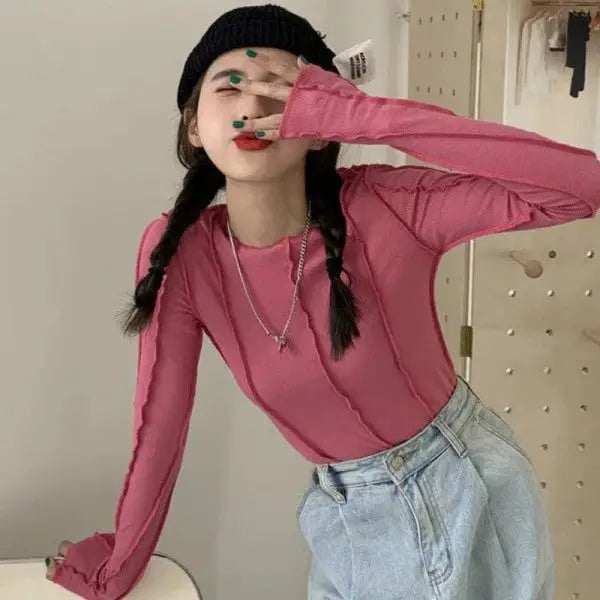 Slim Rhodo Long Sleeve Sweater with Chic Design Pink / S