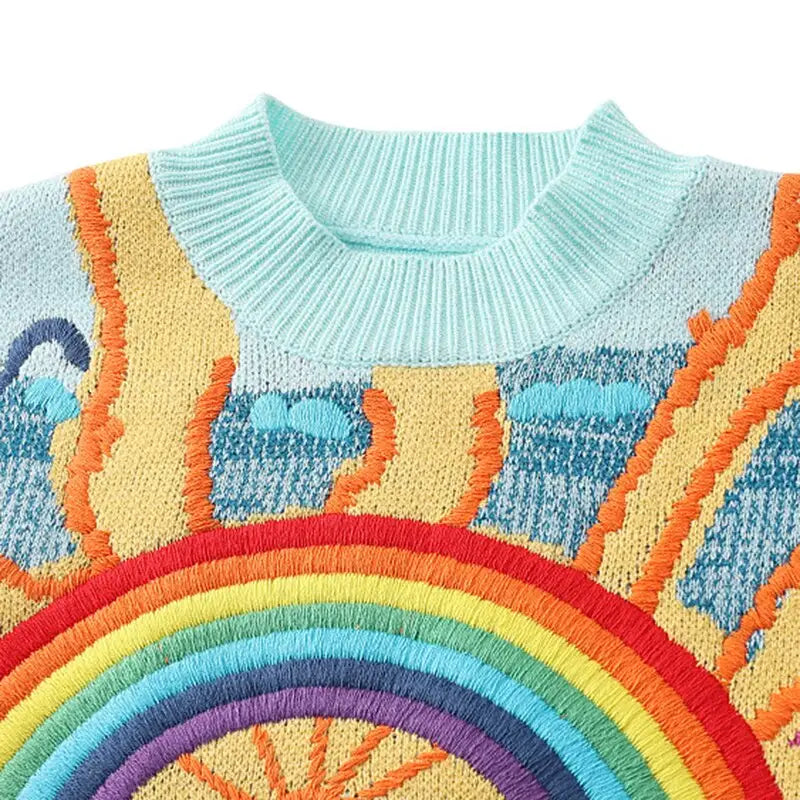 Smile Rainbow Striped Embroidered Knitted Oversize Sweater