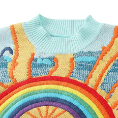 Smile Rainbow Striped Embroidered Knitted Oversize Sweater