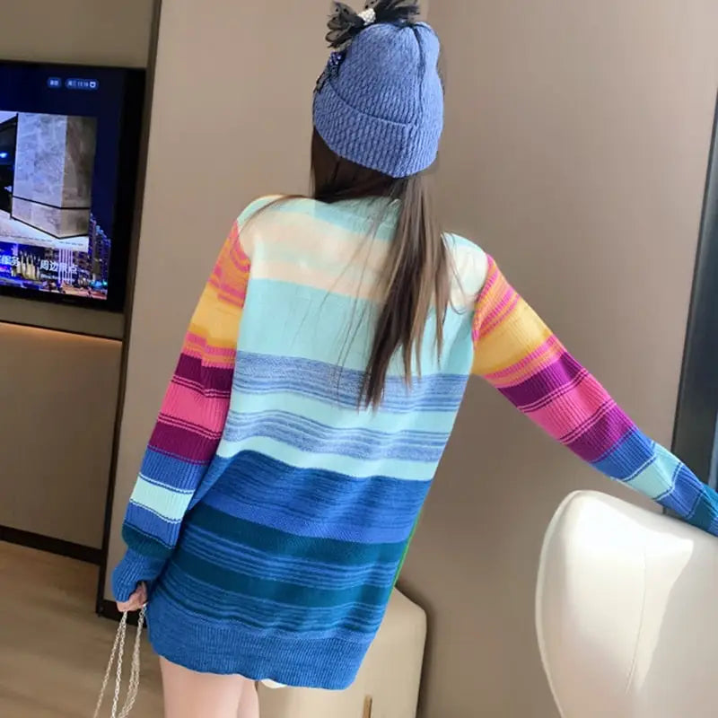 Smile Rainbow Striped Embroidered Knitted Oversize Sweater