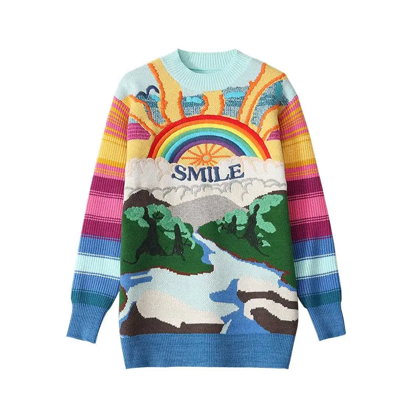 Smile Rainbow Striped Embroidered Knitted Oversize Sweater