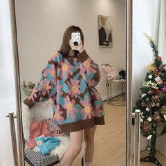 Smiling Flowers Contrast Color Knitted Oversize Sweater