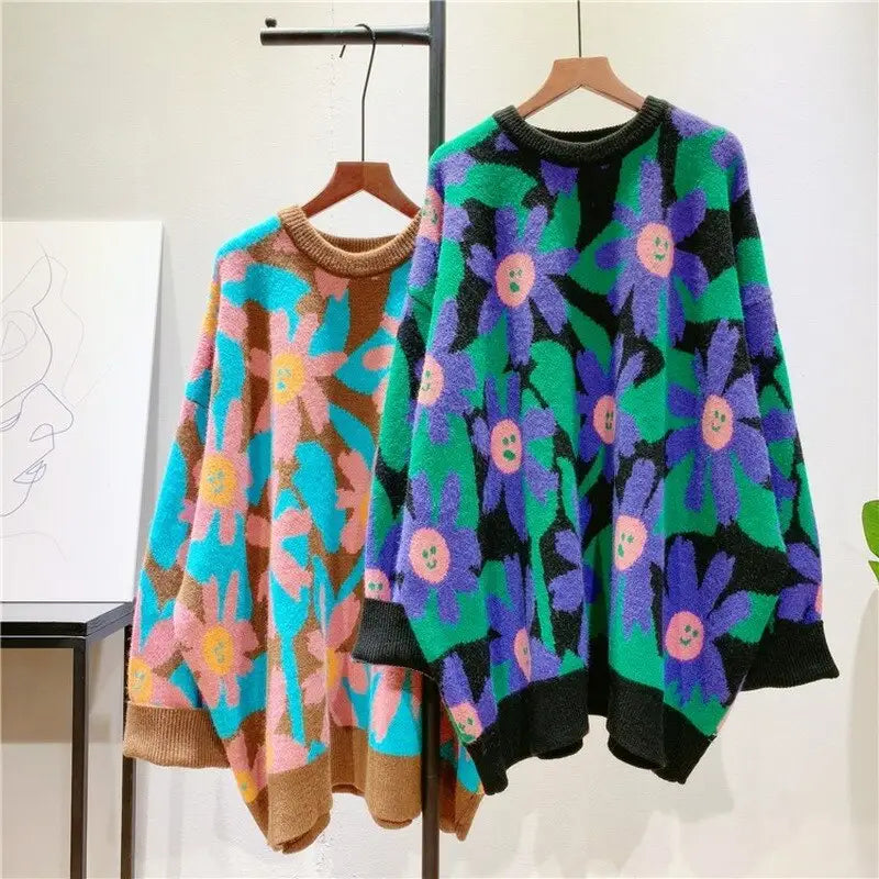 Smiling Flowers Contrast Color Knitted Oversize Sweater