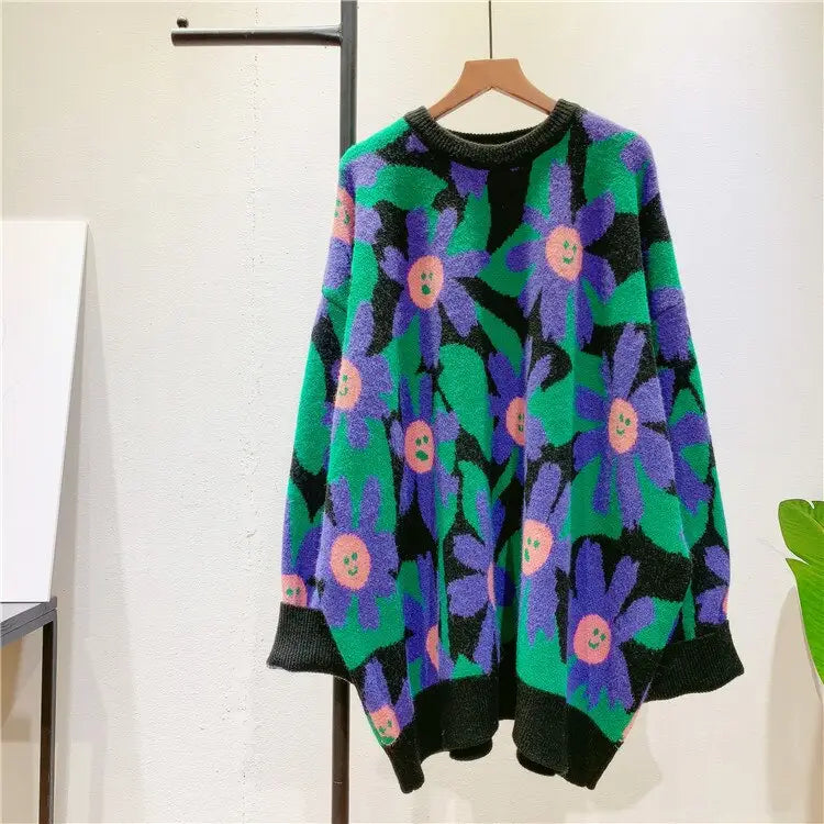 Smiling Flowers Contrast Color Knitted Oversize Sweater