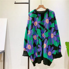 Smiling Flowers Contrast Color Knitted Oversize Sweater