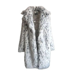 Snow Leopard Print Faux Fox Fur Coat