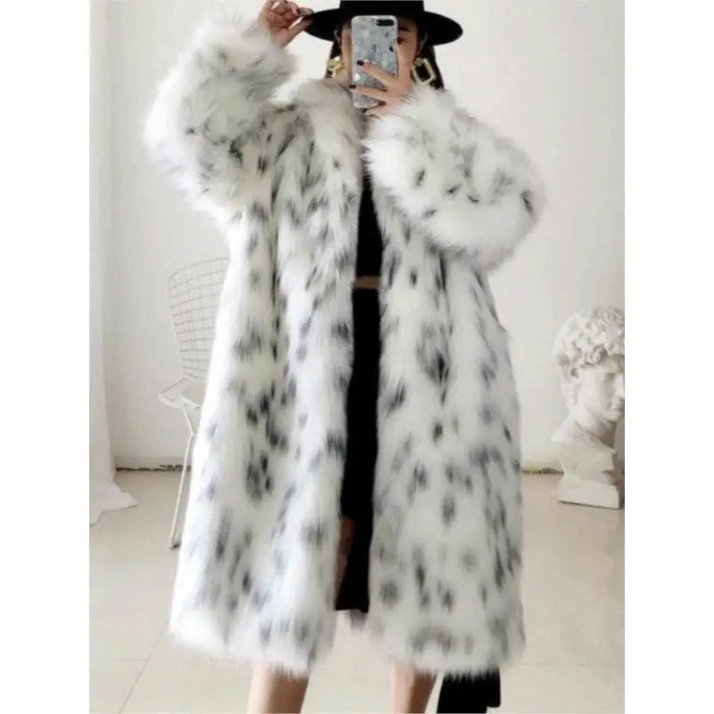 Snow Leopard Print Faux Fox Fur Coat