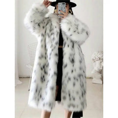 Snow Leopard Print Faux Fox Fur Coat - Black-White / S