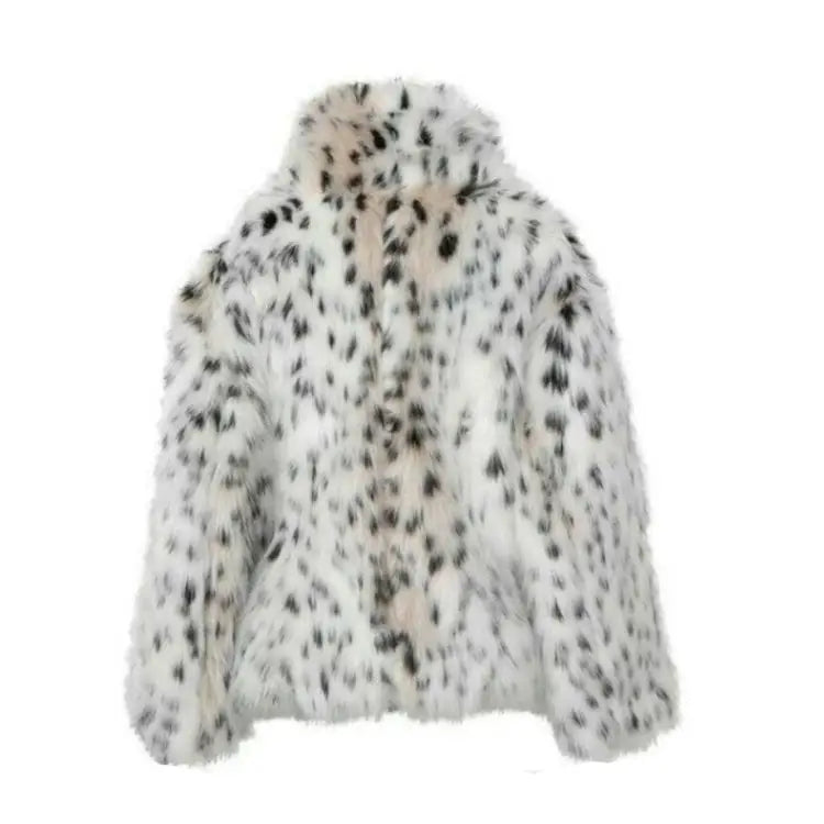 Snow Leopard Print Faux Fox Fur Short Coat