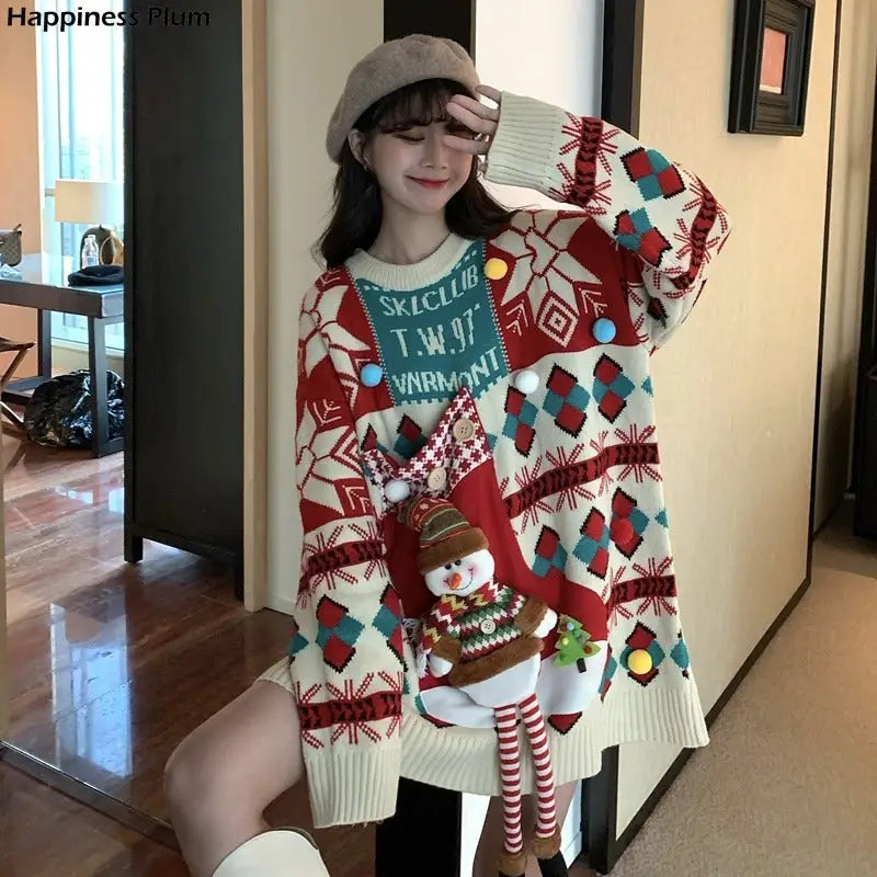 Snowman Christmas Long Thick Plus Oversize Sweater