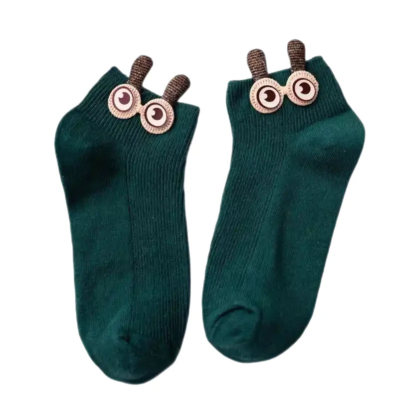 Soft Cotton Ankle Socks with Bunny Ears and 3D Eyes Army