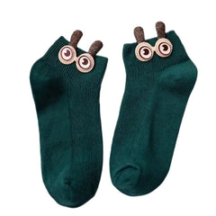 Soft Cotton Ankle Socks with Bunny Ears and 3D Eyes Army