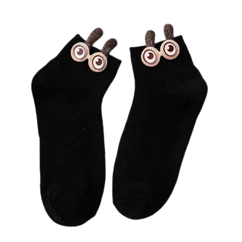 Soft Cotton Ankle Socks with Bunny Ears and 3D Eyes Black
