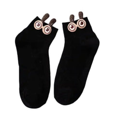 Soft Cotton Ankle Socks with Bunny Ears and 3D Eyes Black