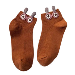 Soft Cotton Ankle Socks with Bunny Ears and 3D Eyes Coffee