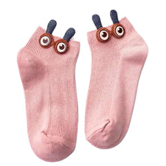 Soft Cotton Ankle Socks with Bunny Ears and 3D Eyes Pink