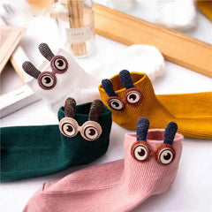 Soft Cotton Ankle Socks with Bunny Ears and 3D Eyes