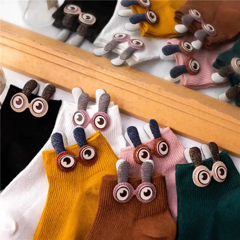 Soft Cotton Ankle Socks with Bunny Ears and 3D Eyes