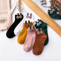 Soft Cotton Ankle Socks with Bunny Ears and 3D Eyes