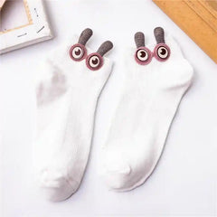 Soft Cotton Ankle Socks with Bunny Ears and 3D Eyes White
