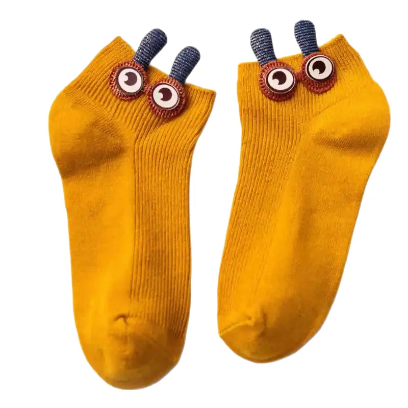 Soft Cotton Ankle Socks with Bunny Ears and 3D Eyes Yellow