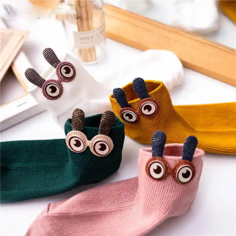 Soft Cotton Ankle Socks With Bunny Ears and Big 3D Eyes