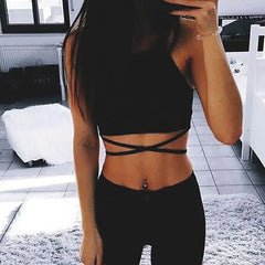 Solid Black Bandage Crossed Back Tank Top